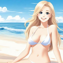 A smiling blonde girl with long hair, wearing a bikini