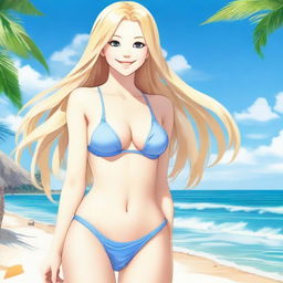 A smiling blonde girl with long hair, wearing a bikini