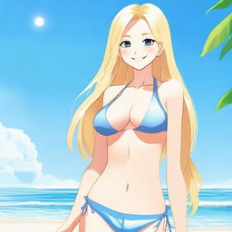 A smiling blonde girl with long hair, wearing a bikini