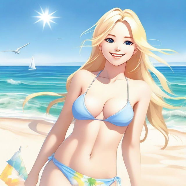 A smiling blonde girl with long hair, wearing a bikini