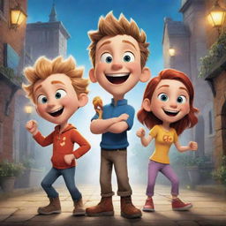 Illustrate an excited character named Spark, joining a delighted, laughing trio who have just solved a series of riddles. Set it in an adventurous backdrop, full of mystique and camaraderie.