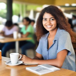 Uma jovem mulher atendendo clientes em sua cafeteria, servindo café e sorrindo