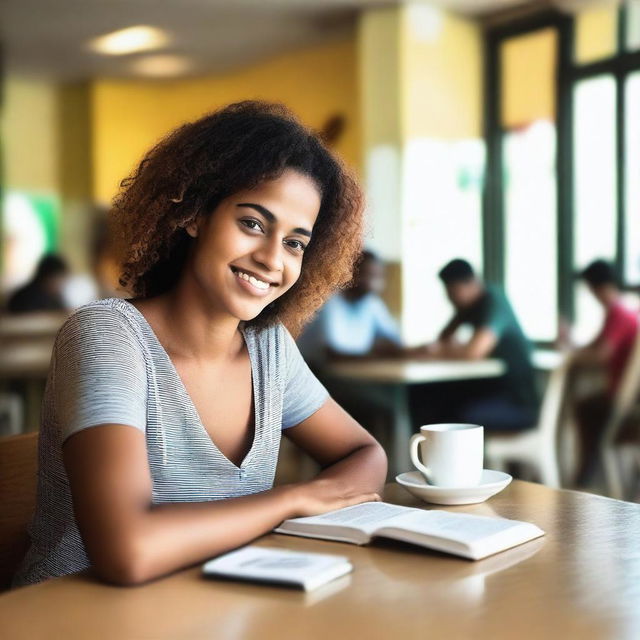 Uma jovem mulher atendendo clientes em sua cafeteria, servindo café e sorrindo