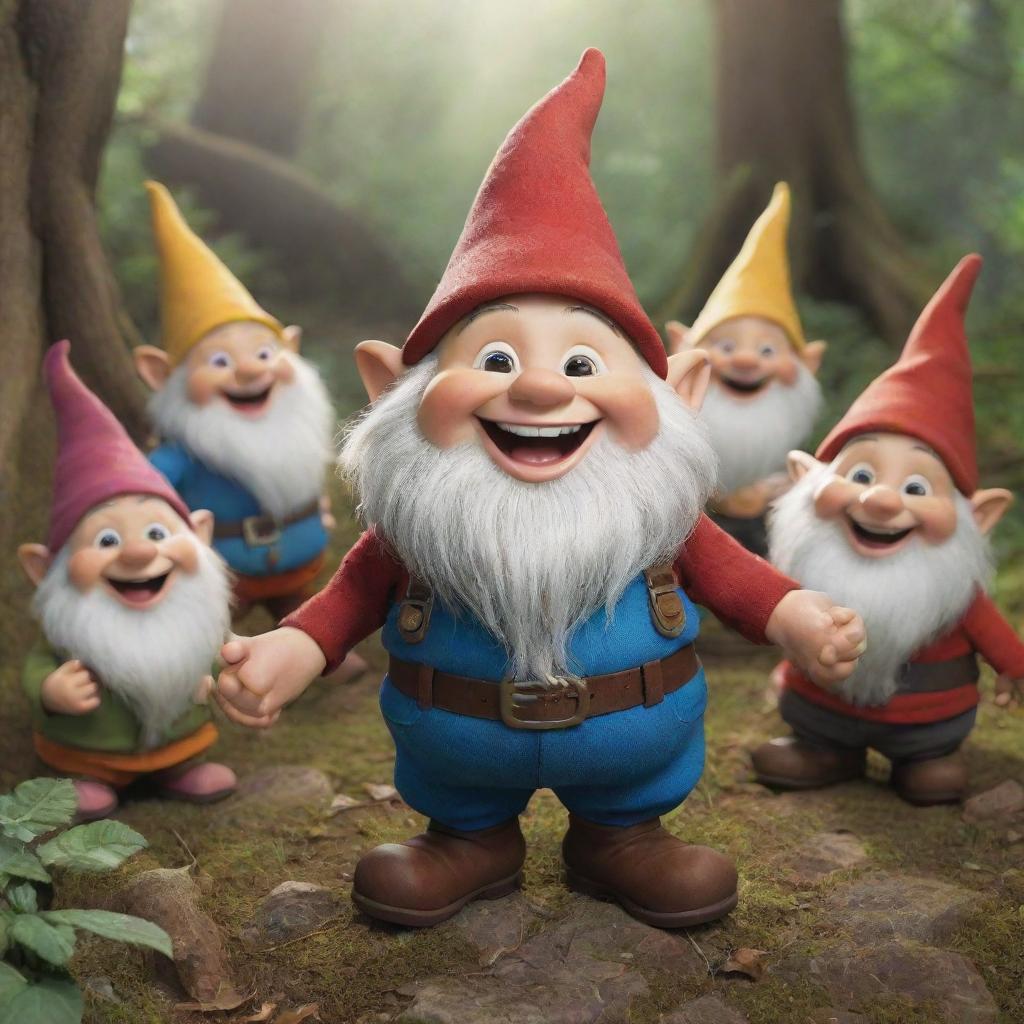 Generate an image of Spark, a mischievous gnome, brimming with liveliness, joining a group of his human friends. They all exhibit expressions of joy, filled with laughter and satisfaction.