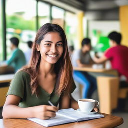 Uma jovem mulher atendendo clientes em sua cafeteria, servindo café e sorrindo