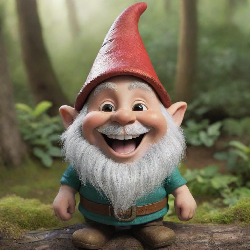 Generate an image of Spark, a mischievous gnome, brimming with liveliness, joining a group of his human friends. They all exhibit expressions of joy, filled with laughter and satisfaction.