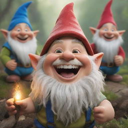 Generate an image of Spark, a mischievous gnome, brimming with liveliness, joining a group of his human friends. They all exhibit expressions of joy, filled with laughter and satisfaction.