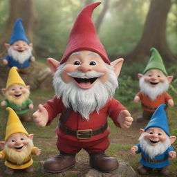 Generate an image of Spark, a mischievous gnome, brimming with liveliness, joining a group of his human friends. They all exhibit expressions of joy, filled with laughter and satisfaction.