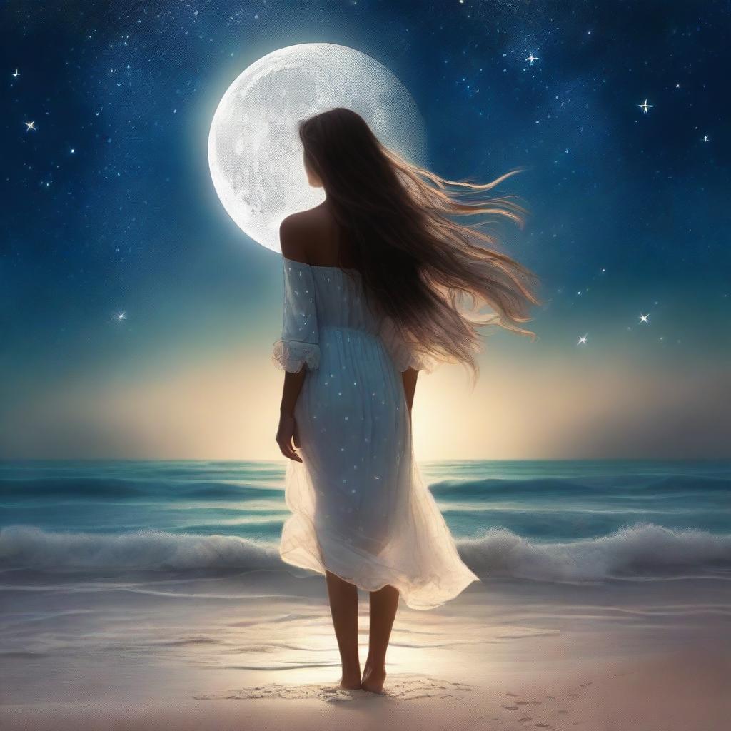 A beautiful girl standing on a moonlit beach, with the gentle waves lapping at her feet