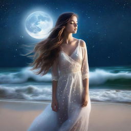 A beautiful girl standing on a moonlit beach, with the gentle waves lapping at her feet