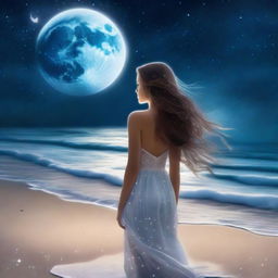 A beautiful girl standing on a moonlit beach, with the gentle waves lapping at her feet