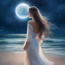 A beautiful girl standing on a moonlit beach, with the gentle waves lapping at her feet