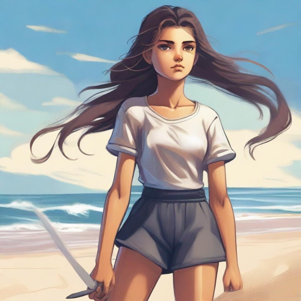 A young girl standing on a sandy beach, clutching a shiny dagger