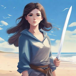 A young girl standing on a sandy beach, clutching a shiny dagger