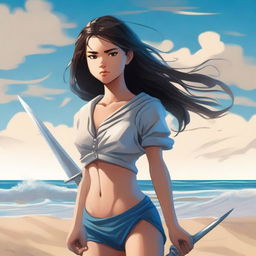 A young girl standing on a sandy beach, clutching a shiny dagger