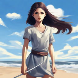 A young girl standing on a sandy beach, clutching a shiny dagger