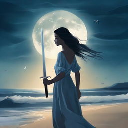 A book cover featuring a beautiful girl standing on a moonlit beach, facing the sea