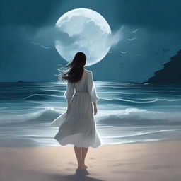 A book cover featuring a beautiful girl standing on a moonlit beach, facing the sea