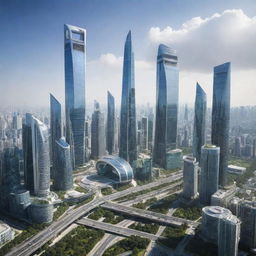 A futuristic cityscape showcasing advanced technology, ultramodern skyscrapers, hi-tech transportation systems, and eco-friendly energy sources, symbolizing the epitome of innovation.