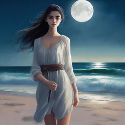 A book cover featuring a beautiful girl standing on a moonlit beach, facing the sea