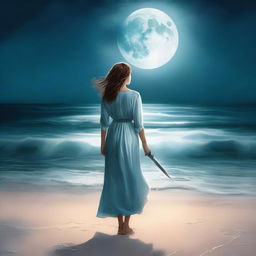 A book cover featuring a beautiful girl standing on a moonlit beach, facing the sea