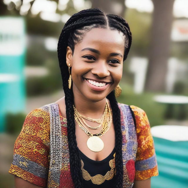 A young woman smiles at the camera, standing in an outdoor setting