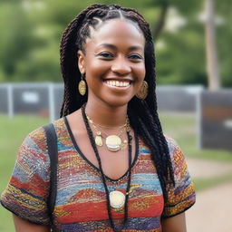 A young woman smiles at the camera, standing in an outdoor setting