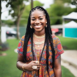 A young woman smiles at the camera, standing in an outdoor setting