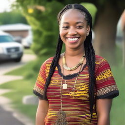 A young woman smiles at the camera, standing in an outdoor setting