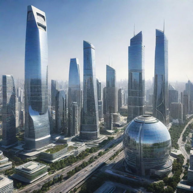 A futuristic cityscape showcasing advanced technology, ultramodern skyscrapers, hi-tech transportation systems, and eco-friendly energy sources, symbolizing the epitome of innovation.