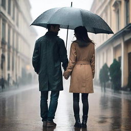 A man and a woman standing together under one umbrella on a rainy day