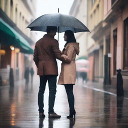 A man and a woman standing together under one umbrella on a rainy day