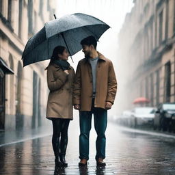 A man and a woman standing together under one umbrella on a rainy day