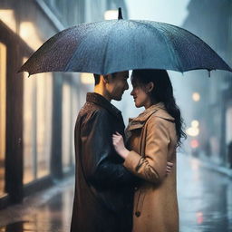 A man and a woman standing together under one umbrella on a rainy day