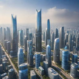 A futuristic cityscape showcasing advanced technology, ultramodern skyscrapers, hi-tech transportation systems, and eco-friendly energy sources, symbolizing the epitome of innovation.