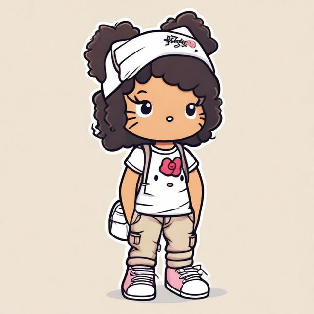 Create a Hello Kitty character with brown skin, short black curly hair, wearing a white t-shirt and beige cargo pants with white sneakers