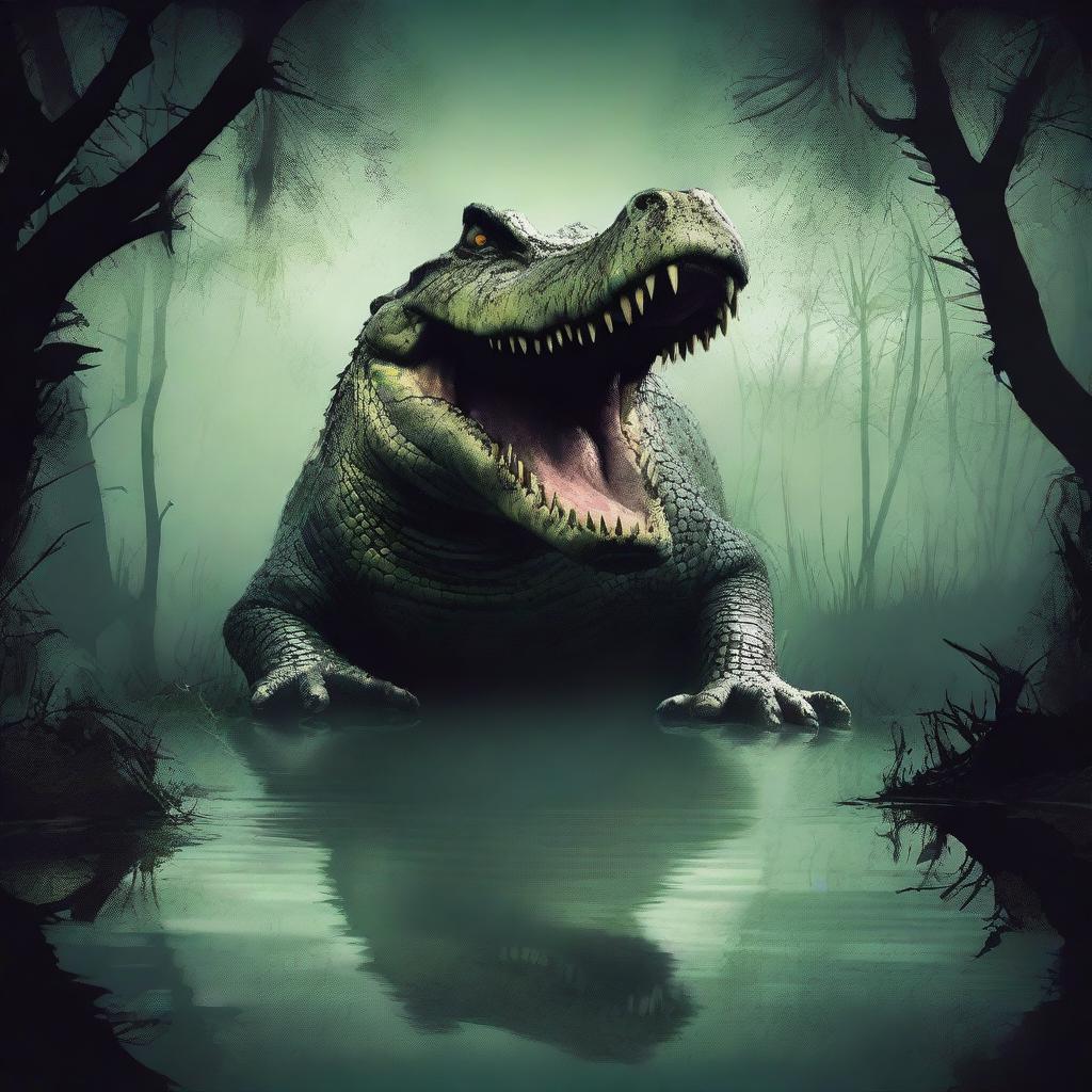 Create a horror poster featuring a giant crocodile emerging from a murky swamp