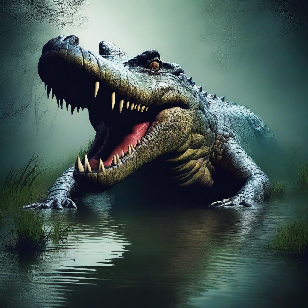 Create a horror poster featuring a giant crocodile emerging from a murky swamp