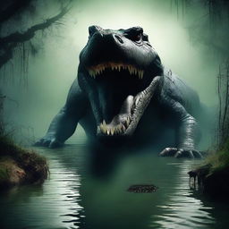 Create a horror poster featuring a giant crocodile emerging from a murky swamp