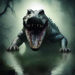 Create a horror poster featuring a giant crocodile emerging from a murky swamp