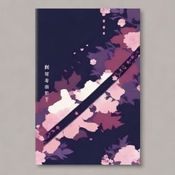 Create a book cover featuring dark colors, a katana, and Sakurasou flowers