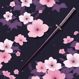 Create a book cover featuring dark colors, a katana, and Sakurasou flowers