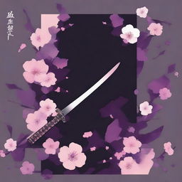 Create a book cover featuring dark colors, a katana, and Sakurasou flowers