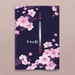 Create a book cover featuring dark colors, a katana, and Sakurasou flowers