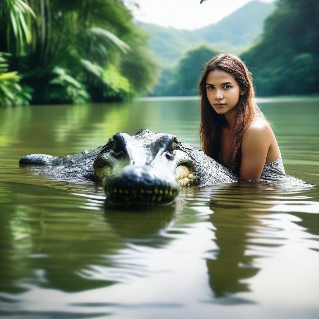 Create a realistic photo of a giant crocodile swimming behind a young woman in a calm river