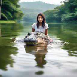 Create a realistic photo of a giant crocodile swimming behind a young woman in a calm river