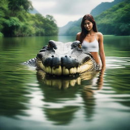 Create a realistic photo of a giant crocodile swimming behind a young woman in a calm river