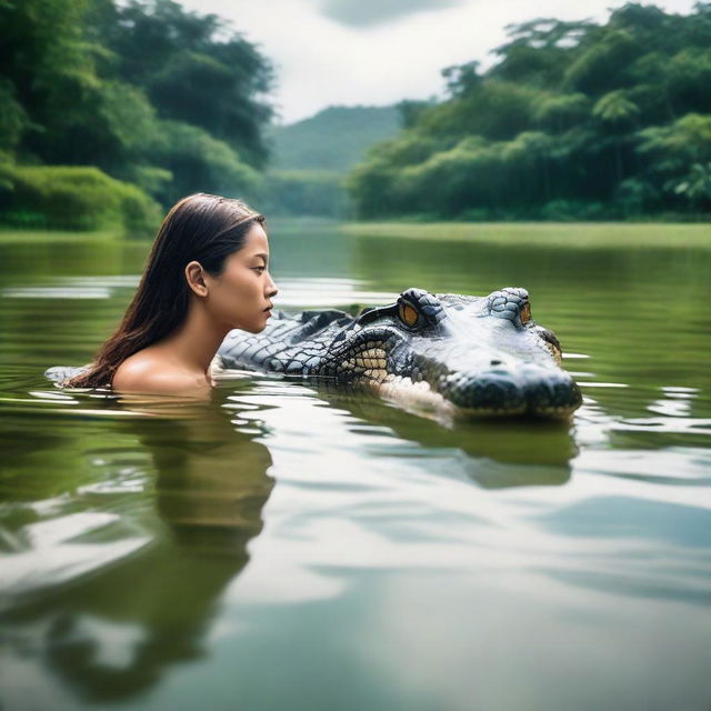 Create a realistic photo of a giant crocodile swimming behind a young woman in a calm river