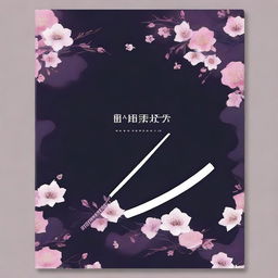 Create a book cover featuring dark colors, a katana, and Sakurasou flowers