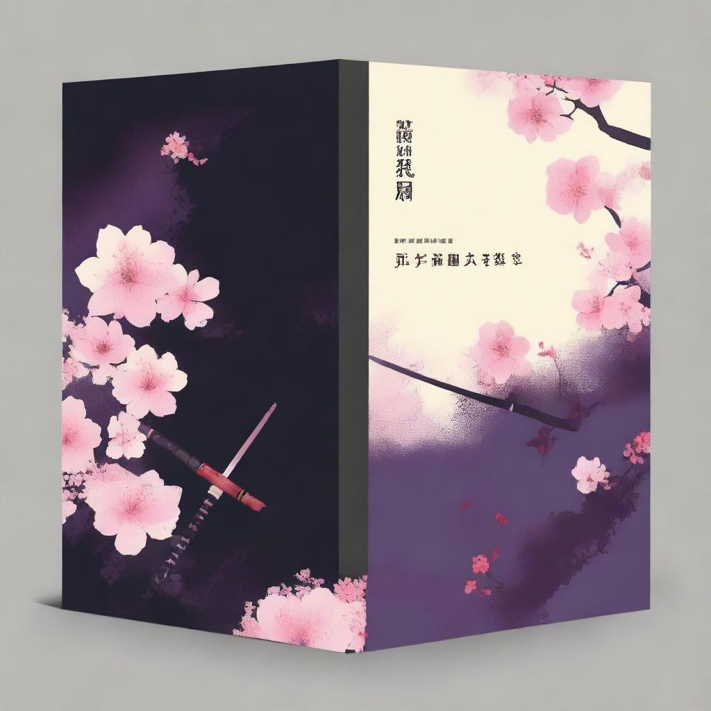 Create a book cover featuring dark colors, a katana, and Sakurasou flowers